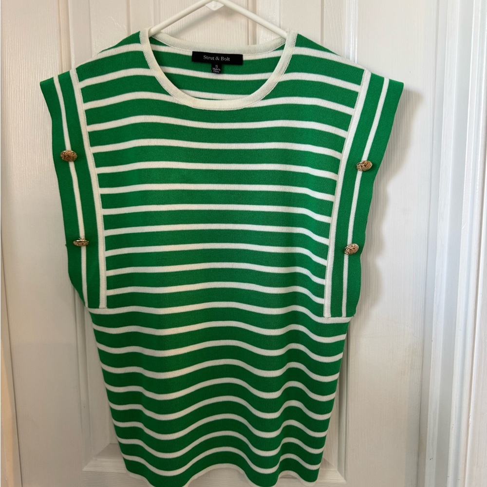 Hello Spring! St. John Green and White Striped pullover.